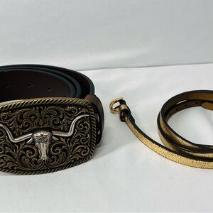 Source Unknown Brown and Gold Leather Belts‎